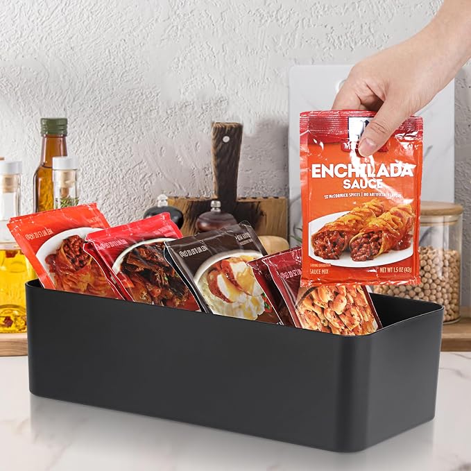 BSTKEY Seasoning Packet Organizer, Food Storage Organizer with Divided 4 Bamboo Wood Compartments, Black Plastic Storage Caddy for Pantry Cabinet, Kitchen Organization Bin for Snacks Spice Packets