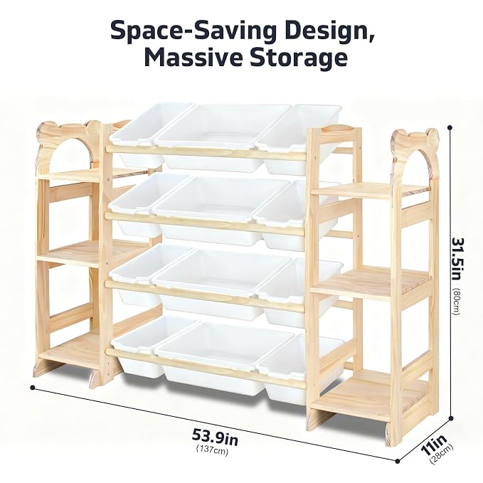 Toy Storage Organizer with 6 Shelves and 12 Bins, Toy Organizers and Storage Shelf with Bookshelf and Bookcase, Toys Box for Kids Room & Playroom & Bedroom & Nursery