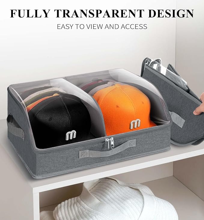 Hat Organizer for Baseball Caps, 2 Compartments Clear Window Hat Storage Box for Closet Hold Up to 24 Caps, Hats Holder Container with Sturdy Cardboard for Home Storage | Dark Gray