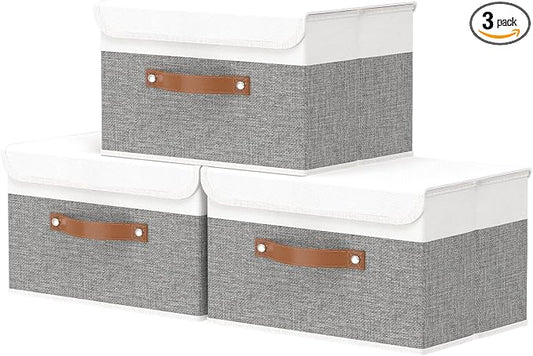OUTBROS Fabric Storage Box with Lid, 13x9.1x7.9 inch (White/Grey, 3-Pack) | Collapsible Wardrobe Organiser, Linen Cubes For Towels, Clothes