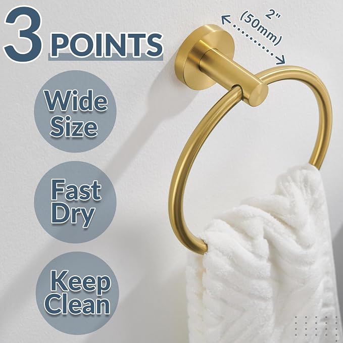 APLusee Brushed Gold Hand Towel Ring, 304 Stainless Steel Flexible Round Towel Holder for Bathroom Kitchen, Wall Mounted