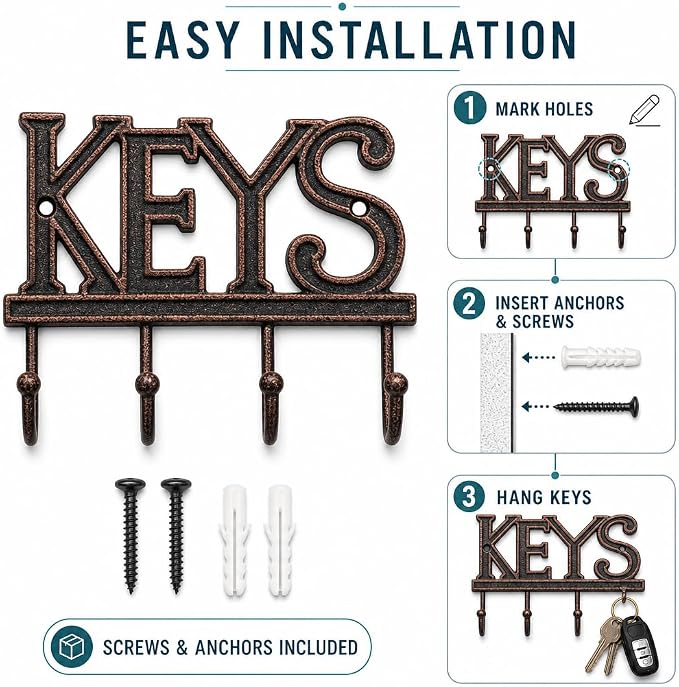 Comfify Copper-Black Cast Iron Key Holder for Wall – Keys Sign with 4 Hooks | Warm copper and black antique finish; mounting hardware included; entryway, hallway or door; 6"H x 8"L; holds 8 keychains