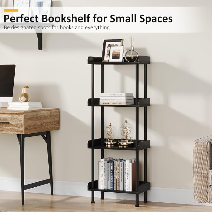 Hosfais Small Wooden Bookcase, 4-Tier Black Rustic Etagere Bookshelf for Living Room & Bedroom, Storage Organizer