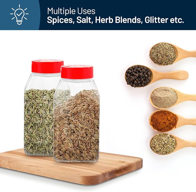 Plastic Spice Jars Bottle Containers with Red Cap, 32 Oz, 6 Pack | Clear Safe Plastic Bottle Containers with Shaker Lids, Lined Cap, PET Material, BPA-Free, Perfect for Herbs & Spices