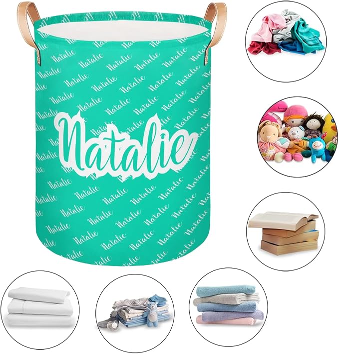 Personalized Laundry Basket, Custom Gift Laundry Hamper, Collapsible Nursery Waterproof Laundry Baskets, Dirty Clothes Toy Hamper with Handles Name Blue Green