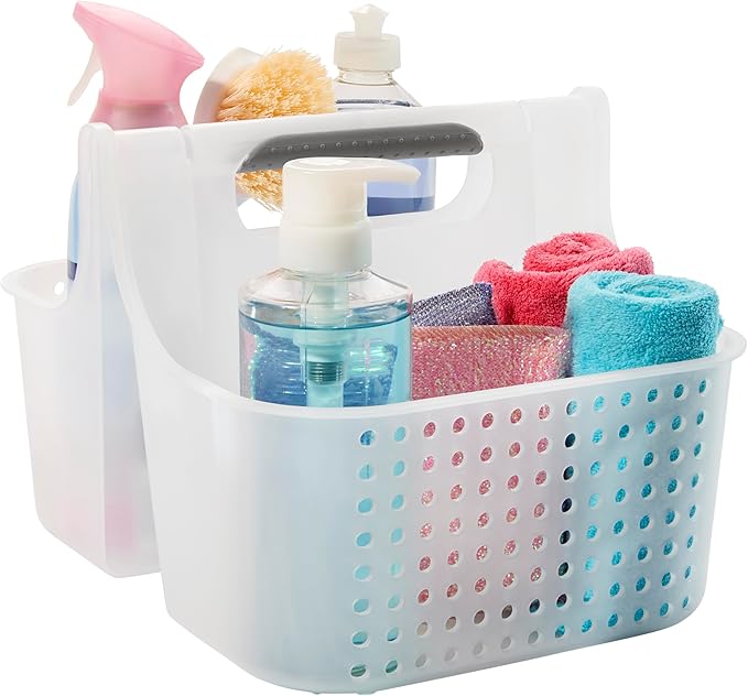madesmart Large Portable Shower Caddy, Hold Soap, Shampoo, Hair Supplies and Beauty Products, Cleaning Supplies Organizer for Home, Dorm, Plastic Shower Tote, Soft Handle, Frost