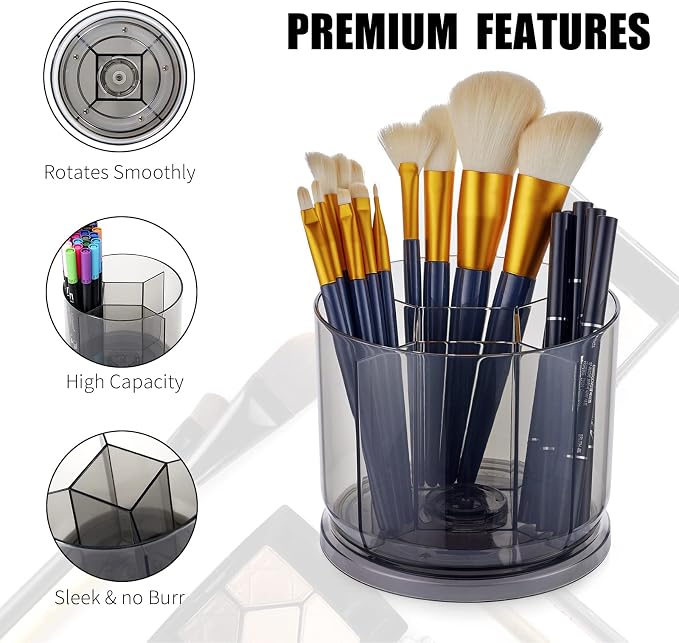 Makeup Brush Holder Organizer, Rotating Makeup Organizer for Vanity | Rotating 360° Clear Storage Cup Containers, Spinning Pen Holder for Desk, Round Make up Brush Stand with 5 Slots (Grey)