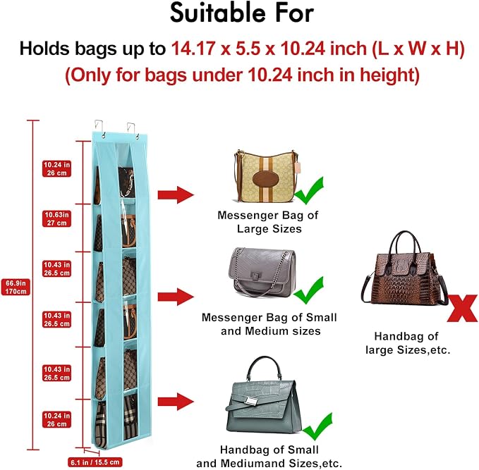Lirex Over The Door Purse Organizer, Space-Saving Medium and Large Handbag Storage Organizer Clothing Closet Hanger, Light Blue