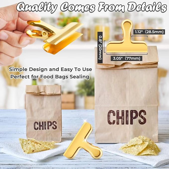 ANZNKU Chip Clips 24 Packs, Gold Metal Bag Clips for Food Storage, Heavy Duty Food Clip for Bread Snack Coffee, Stainless Steel Chip Bag Clip for Kitchen Home Refrigerator & Office