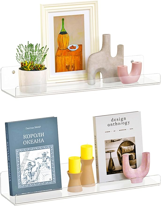 Dooiclear 2 Pack Floating Shelves for Wall, 15" Clear Floating Wall Shelf | Acrylic Book Shelf, Display Shelves Organizer for Bathroom, Classroom, Bedroom, Living Room, Kitchen, Room Decor
