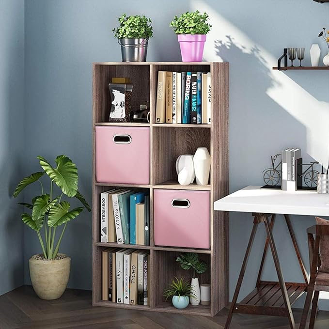 PRANDOM Leather Foldable Cube Storage Bins 13x13 inch [4-Pack] Fabric Storage Baskets Cubes Drawer with Cotton Handles Organizer for Shelves Nursery Closet Bedroom Clothes Pink