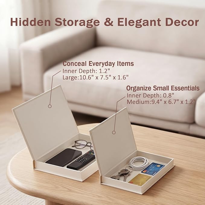 Set of 2 Premium Linen Decorative Books with Hidden Storage - Stackable Faux Book Box for Coffee Table Styling & Organization, Real Fabric Cover Fake Books as Display Riser for Shelf & Entryway