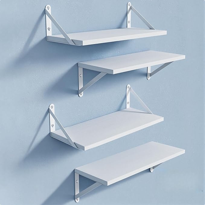 COCOYA Wall Shelves 7.3" Deep Solid Paulownia Wood (White, Set of 4) | 15mm Thick, Wider & Longer & Stronger, Easy to Install, For Laundry Room Bathroom Bedroom, Office Storage Organizer