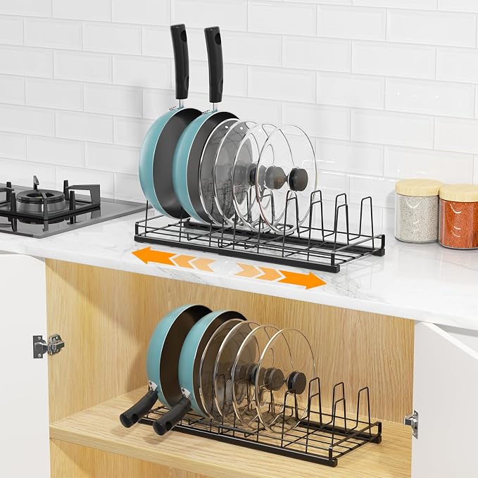 Expandable Food Container Lid Organizer(13"-21") with 9 Adjustable Dividers | Metal, Large Capacity Detachable Lid Organizer Rack, Pads Prevent Sliding for Kitchen Cabinet,Cupboard,Pantry Shelves,Drawer