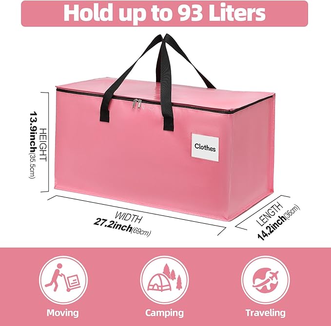 6 Pack Extra Large Heavy Duty Moving Bags with Reinforced Zipper & Wide Carrying Handles, Durable Storage Totes for Clothes Packing, College Dorm, Travel & Home Organization, Pink