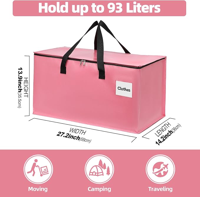 4 Pack Extra Large Heavy Duty Moving Bags with Reinforced Zipper & Wide Carry Handles, Stylish Pink Storage Totes for Clothes Packing, Dorm Moves & Apartment Organization, Pink