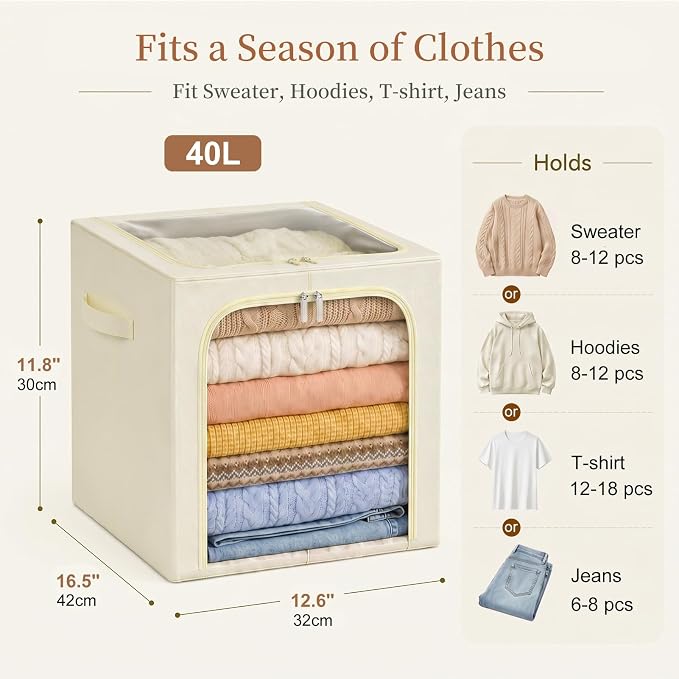 GoMaihe Clothes Storage Bins with Metal Frame, 40L Sweater Storage Boxes for Above Shelf Closet, 4 Pack Stackable Clothing Storage Organizer with Clear Window for Jeans Hoodies T-shirt – Beige
