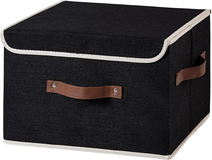 Collapsible Storage Boxes Baskets with Lid Cotton Linen Fabric Storage Bins with Faux Leather Handles Decorative Washable Cube Organizer Container for Home Closet Bedroom (Black, Large Size)