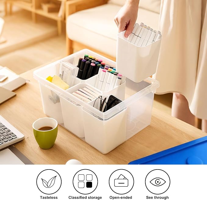 Plastic Storage Bins with Lids, Art Craft Supply Organizer Box with Brush Pot, Multipurpose Stackable Storage Containers for Organizing Tool, Craft, Crayon,Sewing (Blue)