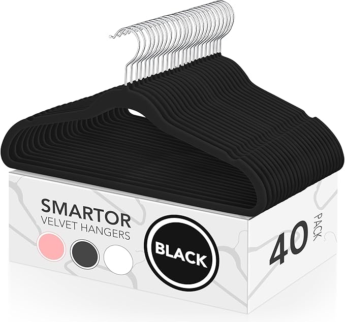 Black Velvet Hangers 40 Pack, Non Slip Felt Slim Hangers for Space Saving | 360° Silver Hooks; Shoulder Notches; Heavy Duty for Coats, Suits, Dresses, Shirts, Jackets and Pants for Closet Organizer