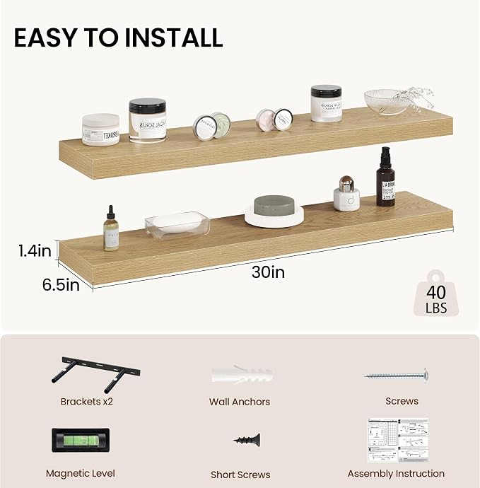 Vivelove 30 Inch Floating Shelves Wall Mounted for Display, 6.5 Deep Duty Shelves with Invisible Brackets for Living Room,Bedroom,Kitchen, Bathroom Storage & Decor,30" Wx6.5 Dx1.4 H - Oak