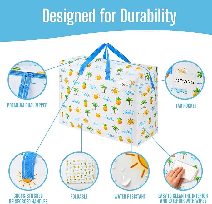 VENO 4 Pack Heavy Duty Moving Bags, Storage Bags, Packing Supplies, Top Zipper, Storage Totes for Camping, Clothes, Bedding, Comforters, Pillows (27 Gallon, Tropical Island, 4 Pack)