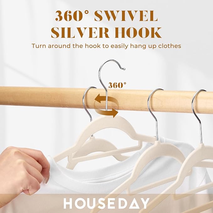 HOUSE DAY Velvet Hangers with Tie Bar 60 Pack, Clothes Hanger Non-Slip | Ivory Space Saving Felt Hangers for Pants, Coat, Suits, Shirt, Scarf, No Hanger Marks, with 360° Swivel Hook for Closet