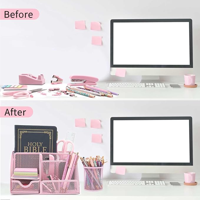 Pink Desk Organizers and Accessories,12Pcs Pink School Supplies for Girl | Office Supplies for Women Coworkers Students, Include Stapler, Pen Holder, Tape Holder, Scissors, Ruler, Staple Remover