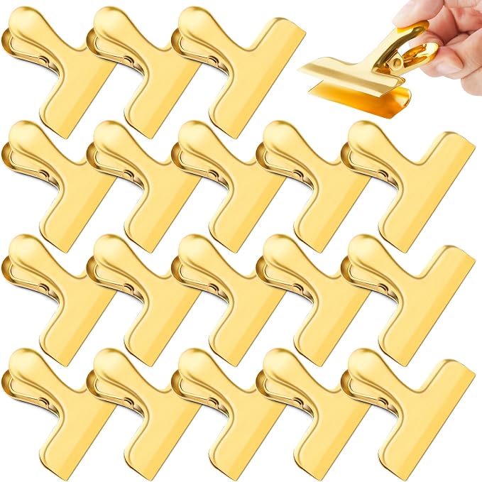 ANZNKU Chip Clips 24 Packs, Gold Metal Bag Clips for Food Storage, Heavy Duty Food Clip for Bread Snack Coffee, Stainless Steel Chip Bag Clip for Kitchen Home Refrigerator & Office