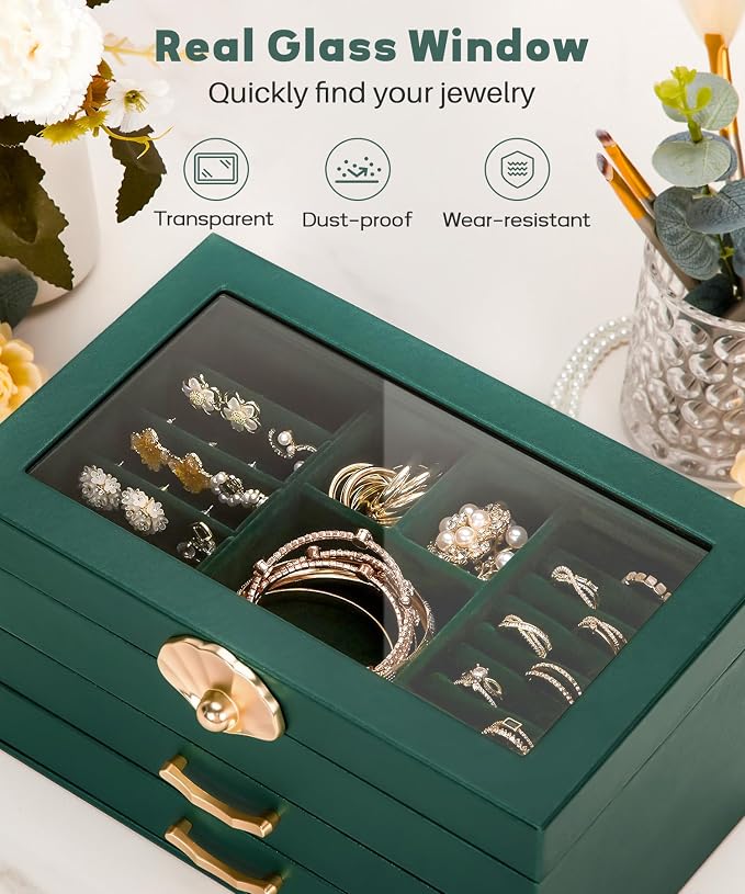 Enthralite Jewelry Box with 2 Drawers : Jewelry Display Organizer for Earrings Necklaces - Gift for Girls Women | Forest Green