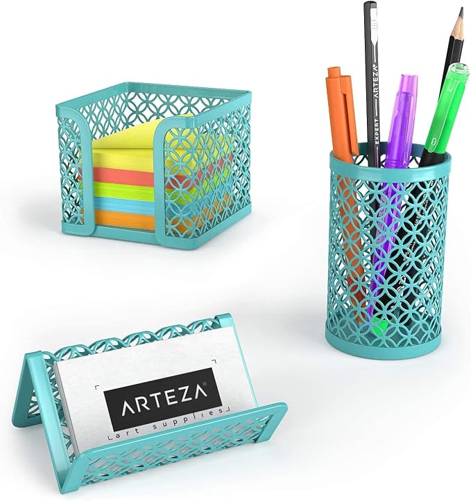 ARTEZA 6-Piece Teal Desk Accessories Set, Essential Desktop Organizer for Home Office, Includes Paper Organizer, Pencil Holder, Letter Sorter & More, Teal Office Supplies