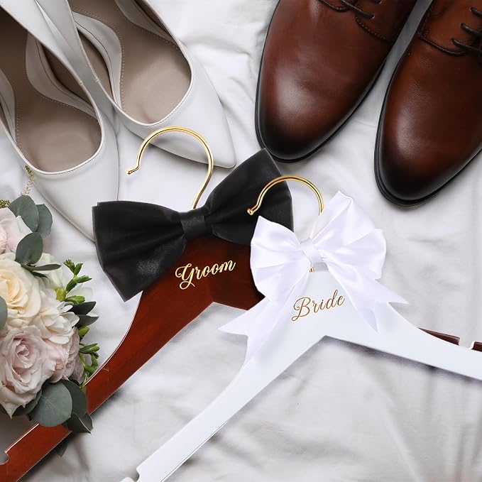 Beeveer 2 Pcs Bride Hanger for Wedding Dress Bride and Groom Wooden Wedding Dress Hanger Set with Bow Tie for Tuxedo Suit Gift Bridal Party Shower