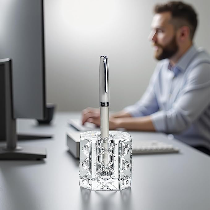 QFkris Fancy Crystal Single Pen Holder for Desk, Glass Fountain Pen Stand, 2.2" Feather Pencil Holder for Office Desktop Decoration, Gift for Man Woman Students Teachers Father Boyfriend