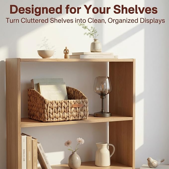 Water Hyacinth Wicker Baskets for Storage, Handwoven Rattan Shelf Basket with Open Front for Organizing Pantry Closet Wardrobe, 100% Natural Decorative Woven Organizer Bin for Cabinet, 2 Pack
