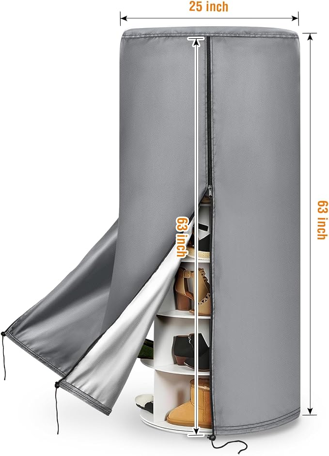 420D Gray Rotating Shoe Rack Tower Cover,25"Dia x 63"H,Cover Only | Spinning Storage Tower Cover – Waterproof, Windproof, Adjustable Drawstring & Zippers,Pet-resistant