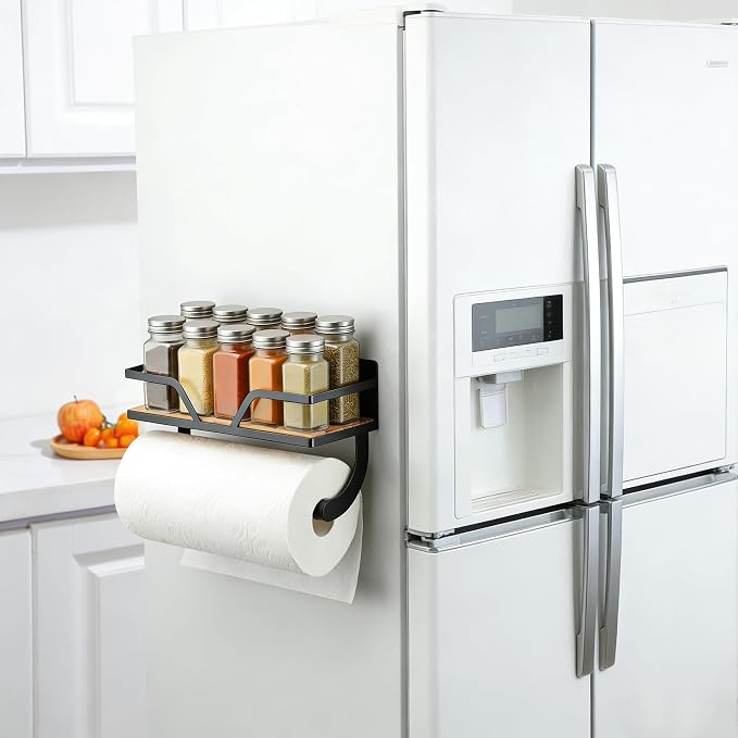 SUNTECH Black Magnetic Paper Towel Holder with Shelf, for Fridge, 11.8 in | Wood Base, Raised-Edge Design, 10 lbs Load, Magnetic or Screw Mount, Holds Spices, Toiletries, Fits Kitchen, Bathroom, RV