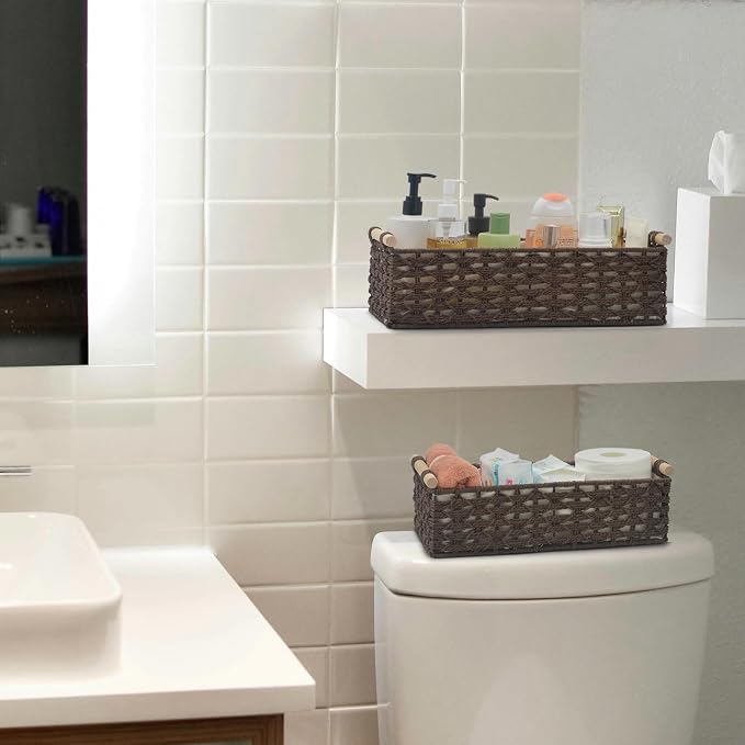 Toilet Paper Baskets for Organizing[2 pack],Paper Rope Wicker Storage Basket with Handle, Bathroom Basket for Bedroom, Nursery, Living Room. (Brown)