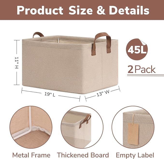 CHICVITA Storage Baskets for Shelves, Extra Large Closet Organizer Bins with Metal Frame, Collapsible Fabric Storage Bins for Living Room, 19" L x 13" W x 11" H, Brown, 2-Pack