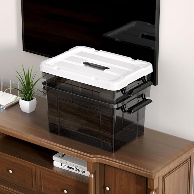 Cetomo Lidded Storage Bin with Handle, Tote Organizing Container with Durable Lid and Secure Latching Buckles, Stackable and Nestable, Plastic, 25 Quart-6 Pack, Clear Black