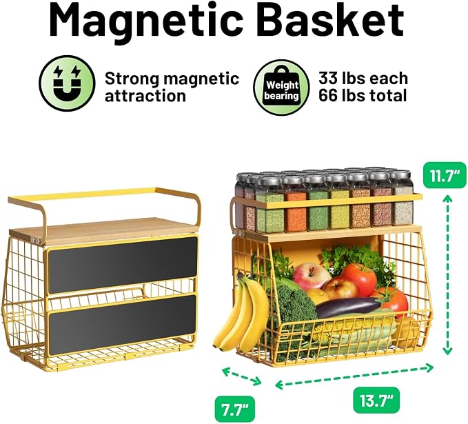 Magnetic Shelf for Fridge with Wood Lid, Fruit Potato and Onion Storage Bins, Pantry Organizers & Storage, Large Container Magnetic Spice Rack for Refrigerator, Kitchen Counter, Cabinet (Yellow, 1)