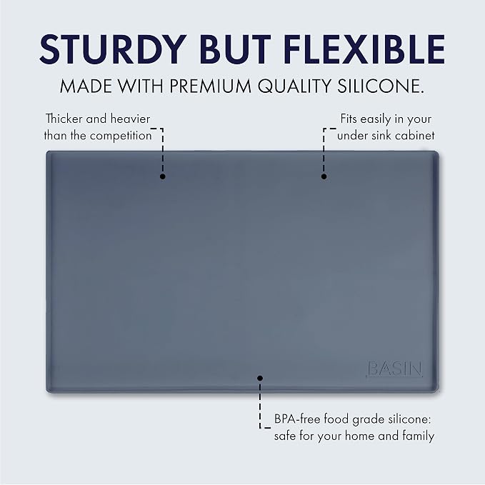 BASIN - Heavy Duty Under Sink Mat - The Original Silicone Under Sink Mats for Kitchen Waterproof - Under Sink Tray for Kitchen Waterproof - Under Sink Cover Kitchen Cabinet Liner Gray 34.25x22