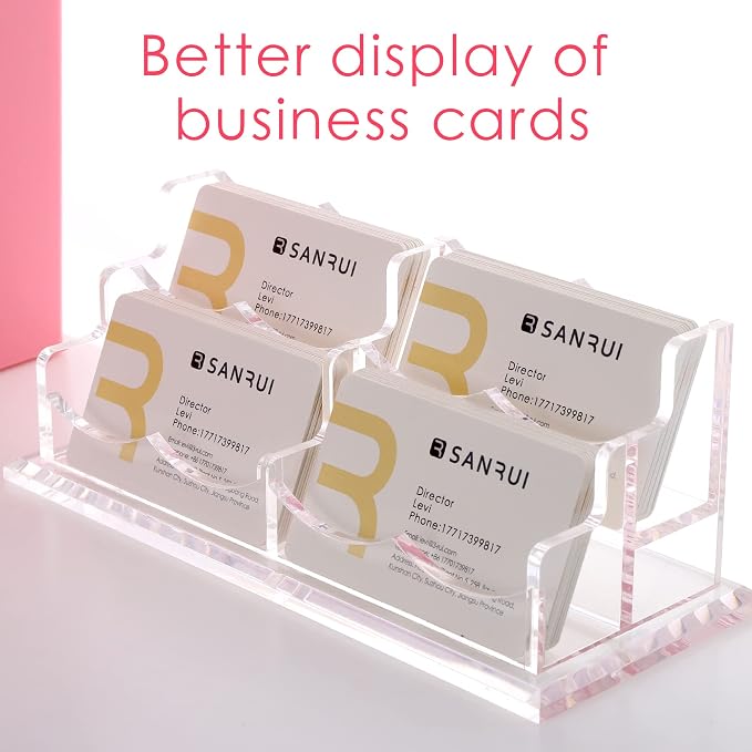 SANRUI Clear Horizontal Business Card Holder Stand for Desk, Acrylic Desktop Display Name Cards Holders Organizer Storage Rack,for Exhibition, Home, Office,2 Tier 4 Pocket, 240 Card Capacity