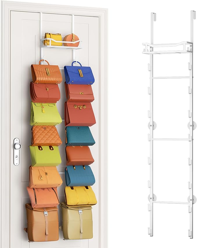 SWTYMIKI Over The Door Purse Organizer - Wall Mounted Purse Rack with 16 Hooks and Metal Basket, Handbag Hanger Organizer Holds up to 16 Bags, Bag Rack Can Use As 1/2 Part, for Door, Closet