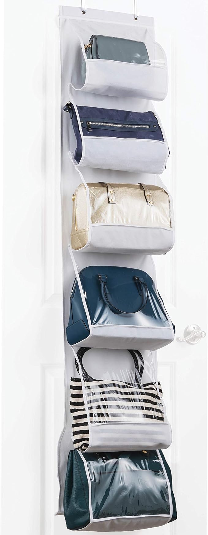 ZOBER Purse Organizer For Closet - Over The Door Purse Organizer W/ 6 Pockets for Easy Purse Storage - Durable Metal Hooks - Purse Rack W/Clear Pockets - White (1 Pack)