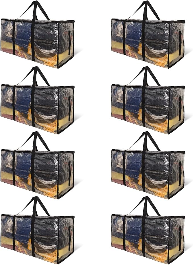 CONGREGATE 8 Pack Heavy Duty Semi-Transparent Extra Large Moving Bags, 97L/25.6Gal PP Totes w/Reinforced Handles & Metal Zippers, 28.7"x13.7"x15" Foldable Moving Boxes For Home Dorm Storage
