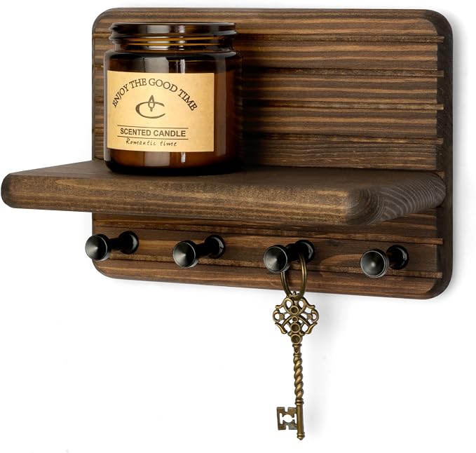 Rebee Vision Small Farmhouse Key Holder Wall Mount for Home Decor – Mini 7-inch Wooden Key Holder for Wall with 4 Hooks & Floating Shelf - Apartment Essentials for a Tidy & Trendy House (Brown)