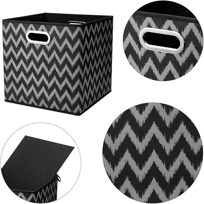 Cloth Storage Bins Set of 4 Thick Fabric Drawers Foldable Cubes Basket Organizer Container with Dual Metal Handles for Shelf Cabinet Bookcase Boxes Grey-Black 13x13x13 inch