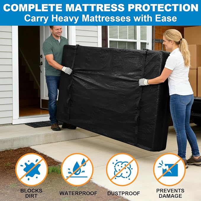 TICONN Mattress Bags for Moving, Heavy Duty Queen Mattress Cover Storage Bag with Full-Around Handle and Adjustable Buckles (Black, Queen)