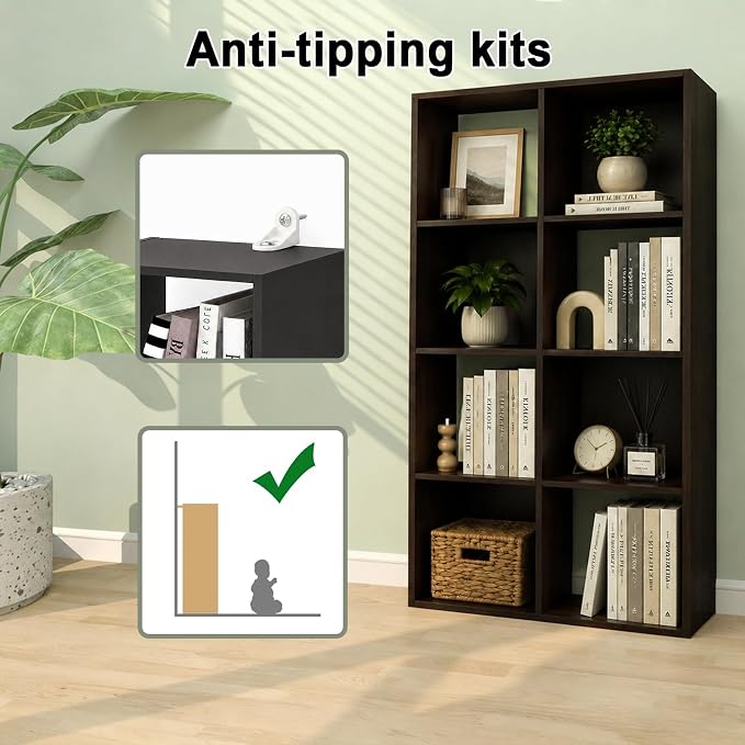 8 Cube Shelf with Anti-Tipping Kits + Reversible Open Back Bookcase, Multi Layer and Multi Grid Partition Layout (Chocolate 11in)