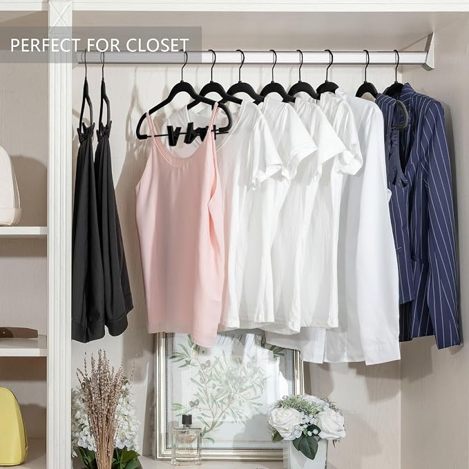 MIZGI Premium All Black Velvet Pants Hangers with Adjustable Clips (Pack of 20) Slim Skirt Hangers- Non Slip Felt Outfit Dress Hangers- Black Hooks,Space Saving Shirt Clothes Hangers